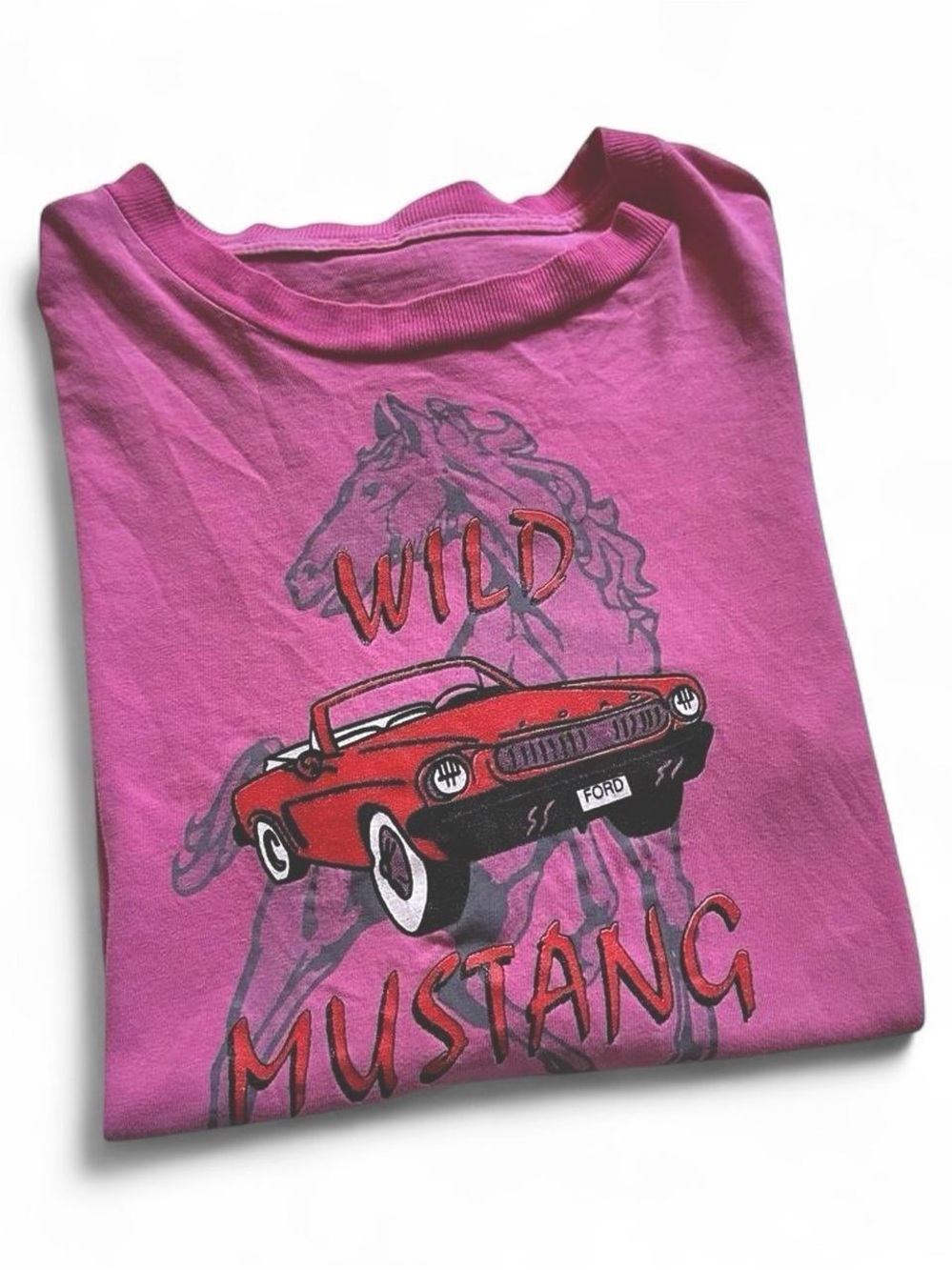 Vintage 1990s Ford Mustang Pink Tee with Red Mustang Graphic XL - Picture 1 of 7